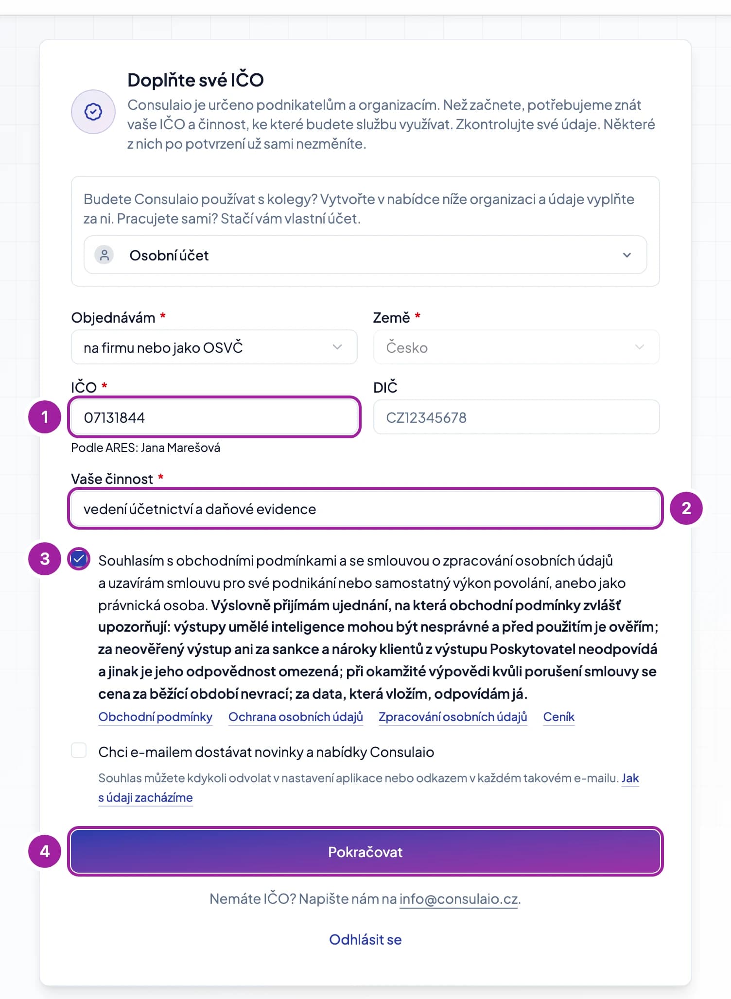 Formulář s IČO a činností při registraci