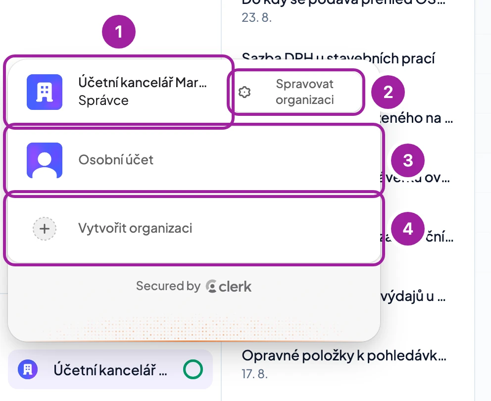 Otevřený přepínač účtu s organizací a osobním účtem