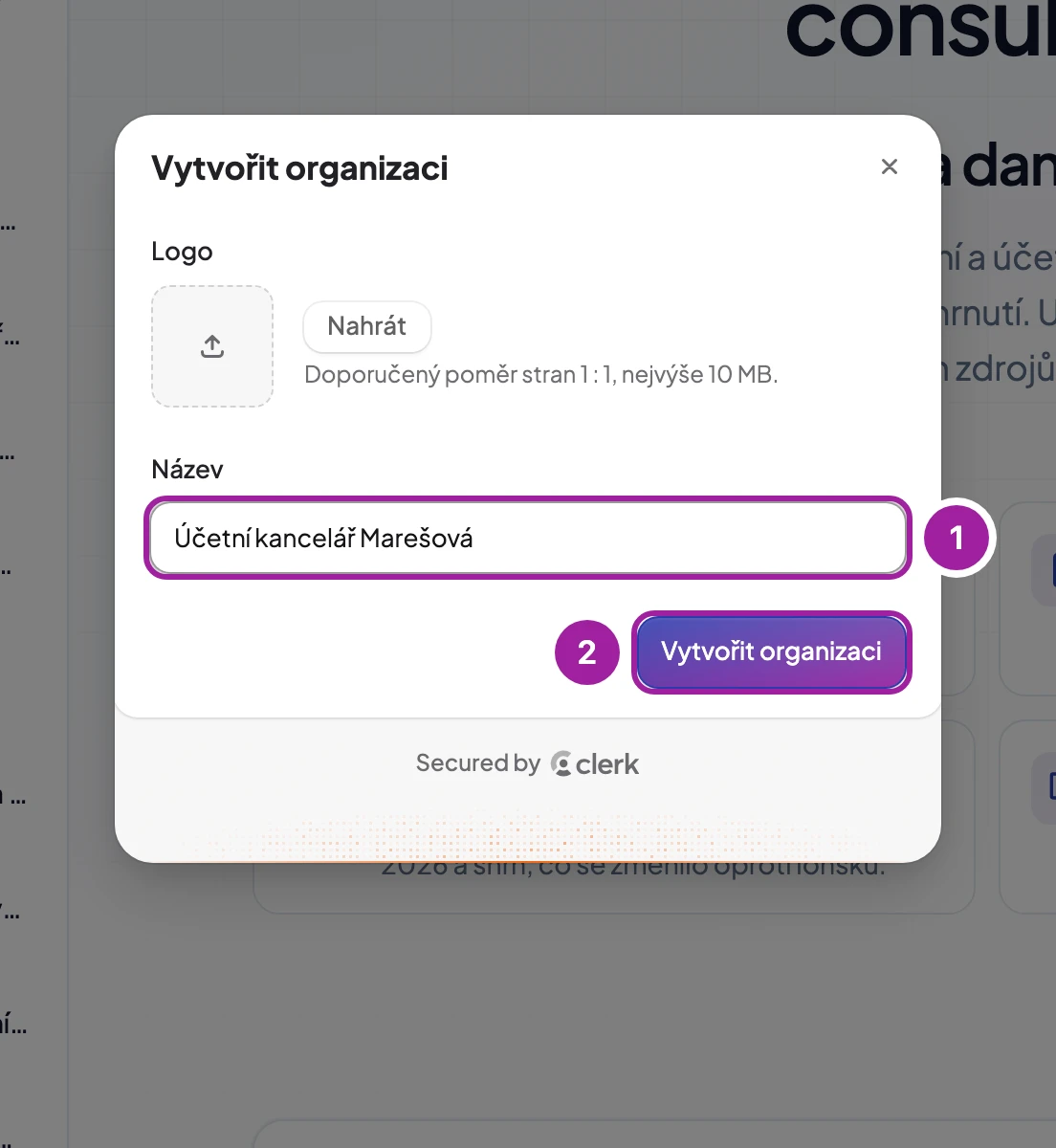 Dialogové okno pro vytvoření organizace