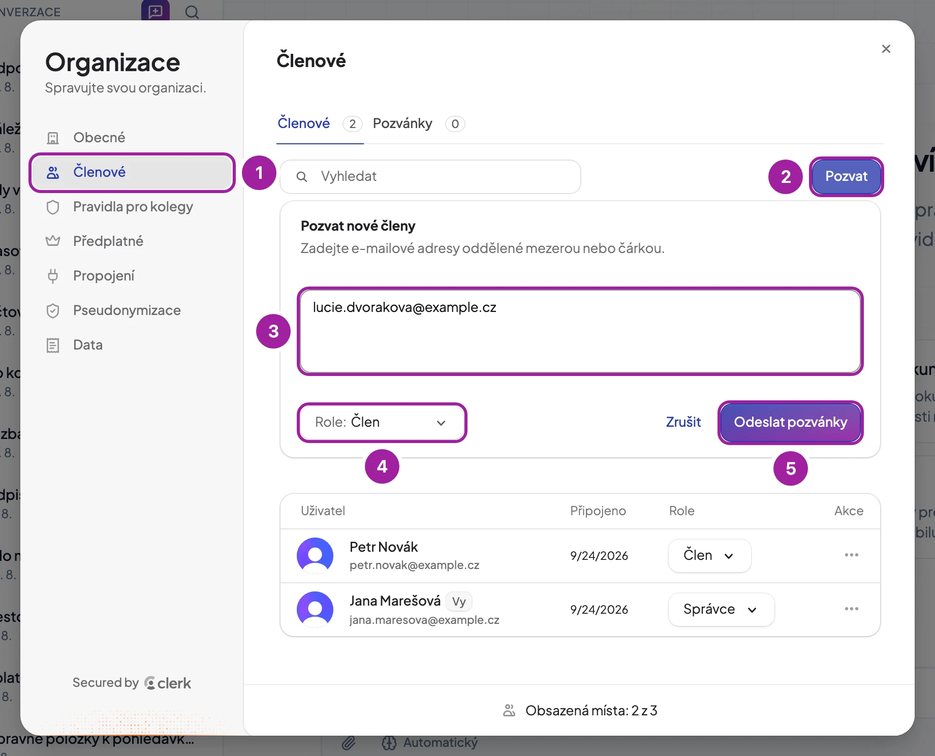 Formulář pro pozvání kolegů do organizace