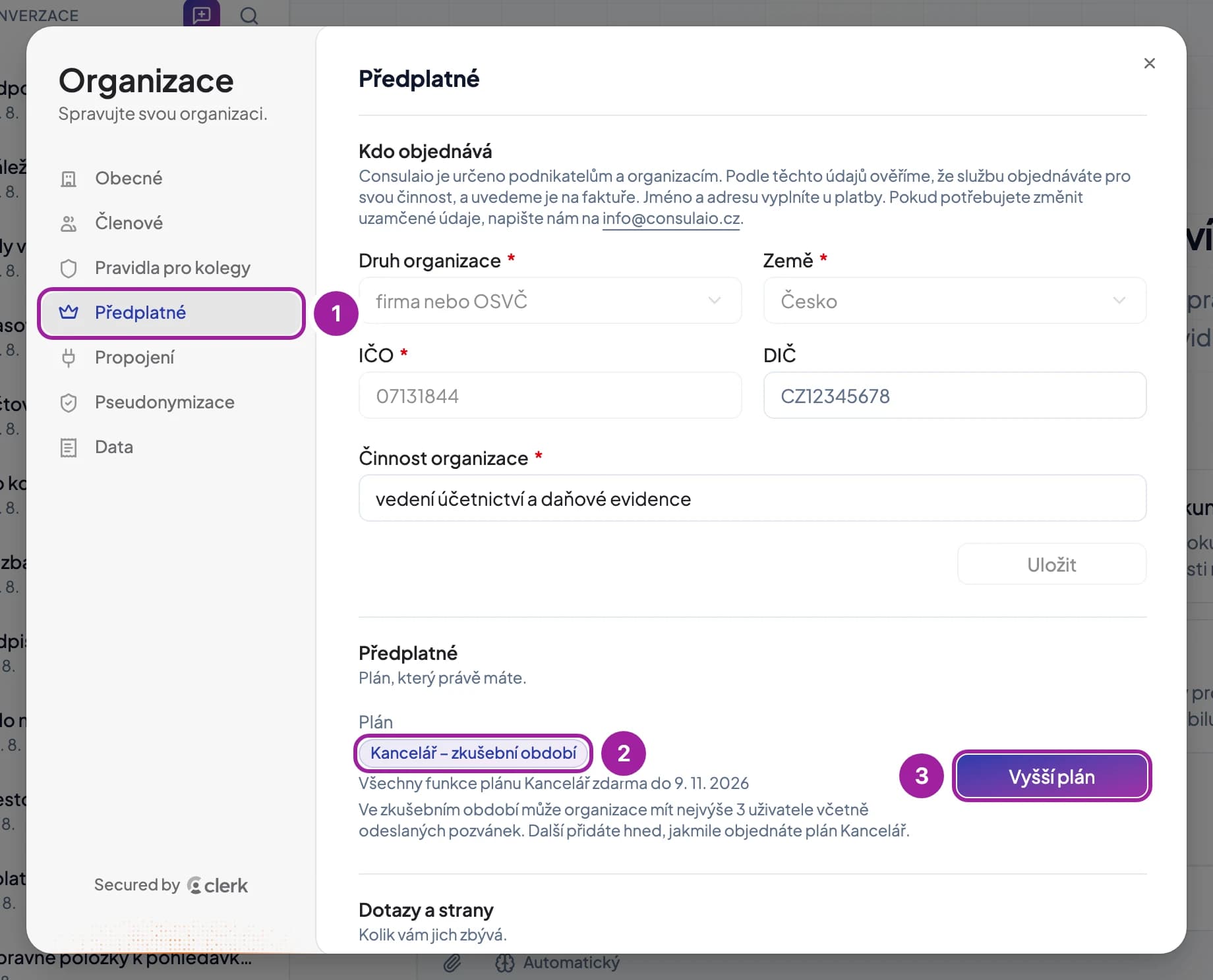 Stránka Předplatné organizace ve zkušebním období