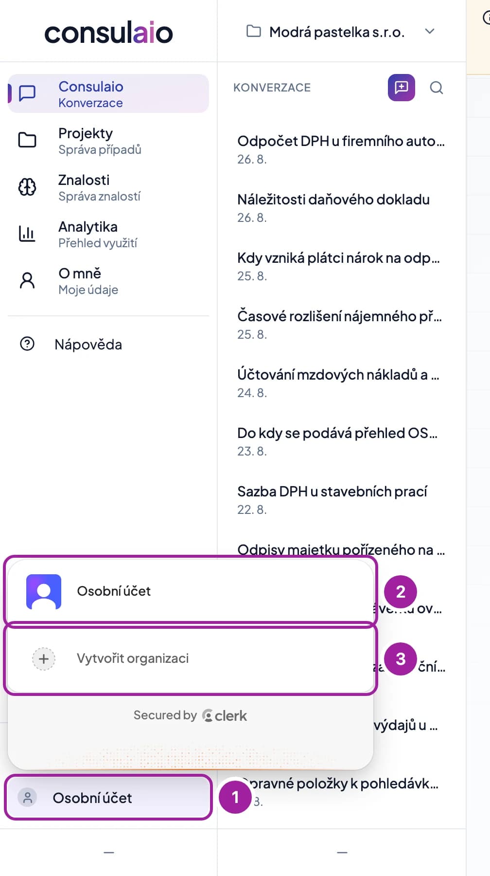 Otevřený přepínač účtu s volbou Vytvořit organizaci